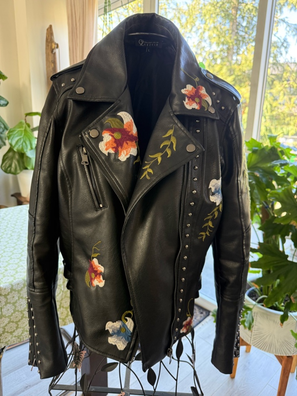 Women's Black Embroidered Faux Leather Moto Jacket - Picture 7 of 14